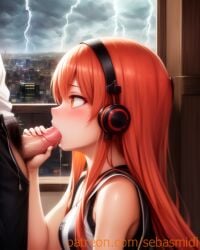 1boy 1girls ai_generated fellatio female headphones red_hair sebasmidi