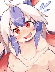 1girls blue_hair blush completely_nude large_breasts looking_at_viewer multicolored_hair naked nipples_covered nude open_mouth red_eyes sweat thighs tokiko_(touhou) touhou white_hair wings yayuyoyayuyo