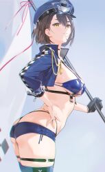 anime anime_girl ass azur_lane baltimore_(azur_lane) big_breasts blue_clothes blue_clothing braids brown_eyes brown_hair choker flag gloves hair hand_on_hip hat holding_object looking_at_viewer portrait portrait_display short skimpy_clothes smiling tiny_shirt tiny_short white_background yd_(orange_maru)