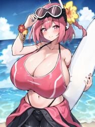 1girls adventurer_kanna ai_generated armband beach bikini blush breasts_bigger_than_head bulging_breasts female female_focus female_only flower_in_hair hi_res huge_breasts medium_hair outdoors pink_eyes pink_hair smile snorkel solo sports_bikini surfboard the_battle_cats tight_clothing wetsuit wristband