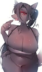 2022 anthro biped breasts canid cleavage clothed clothing fangs female glistening glistening_body glistening_breasts grey_body hair hand_under_breast hi_res long_hair mammal open_mouth red_eyes sen_light simple_background solo teeth tongue tongue_out white_background