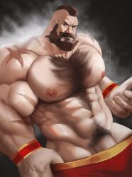 balls bara beard bulge capcom chest_hair facial_hair kaysuo male male_only muscles muscular musk penis scars scars_all_over solo solo_male street_fighter sweat sweating zangief