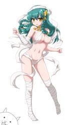 1girls arm_up barely_clothed big_breasts blush braid cat_(battle_cats) dancing dead feline green_hair long_hair mummy mummy_wrappings necklace nipple_bulge queen_reika ribbon ring smile the_battle_cats thin unsure yellow_eyes