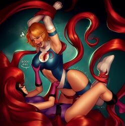 2dnsfw 2girls blonde_hair boob_window cleavage cleavage_window clothed clothed_sex drooling fantastic_four female female_only fingering fully_clothed fully_clothed_female good_girl grabbing grabbing_breasts hair human human_only inhumans invisible_woman light-skinned_female light_skin long_hair marvel marvel_comics medusa_(inhumans) multiple_girls restrained restrained_arms restrained_legs sue_storm sue_storm_90s_costume suspended_by_hair suspension yuri