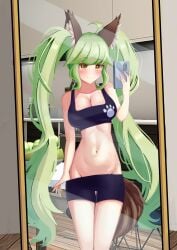 1girls bedroom big_breasts blush eyebrows_visible_through_hair green_hair gym_shorts hi_res long_hair mirror mirror_selfie naeng-go pawprint phone seductive selfie smile sports_bra stock_image streamer teasing the_battle_cats thin thumb_in_waistband twintails wolf_ears wolf_girl wolf_princess_deale wolf_tail yellow_eyes