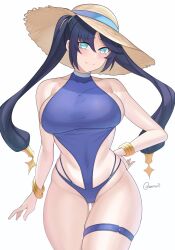 1girls aori_sora big_breasts blue_eyes blue_hair blush breasts female genshin_impact hand_on_hip hat jewelry large_breasts long_hair mona_(genshin_impact) solo swimsuit thick_thighs thigh_gap thigh_strap thighs twintails white_background