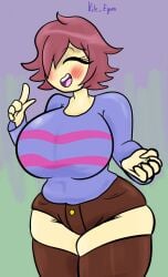 1girls 2023 big_breasts breasts female female_frisk frisk hyper hyper_breasts smile stockings striped_shirt stripes thick_thighs thighs toby_fox undertale undertale_(series) vile_eyes