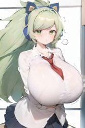 1girls ai_generated arms_under_breasts barely_contained blush breast_expansion breasts_bigger_than_head classroom cold confusion desk green_eyes green_hair headphones hi_res holding_stomach huge_breasts long_hair school_uniform schoolgirl shivering sitting skirt speech_bubble sweat teenager the_battle_cats tie tight_clothing wet_shirt windy_(battle_cats)