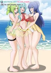 3girls after_kiss alternate_costume beach bikini bikini_skirt blue_eyes blue_hair braid breast_grab breasts cleavage dark_blue_eyes dark_blue_hair double_breast_grab eirika_(fire_emblem) eirika_(summer)_(fire_emblem) female female_only fingering fingering_partner fire_emblem fire_emblem:_the_sacred_stones fire_emblem_heroes green_eyes green_hair groping kissing l'arachel_(fire_emblem) l'arachel_(summer)_(fire_emblem) large_breasts light_blue_eyes light_blue_hair long_hair medium_breasts medium_hair multiple_girls nintendo official_alternate_costume one-piece_swimsuit open_mouth outdoors ponytail red_bikini red_swimsuit saliva saliva_string see-through smile standing swimsuit tana_(fire_emblem) tana_(summer)_(fire_emblem) the_dark_mangaka twin_braids vaginal_penetration very_long_hair white_bikini white_swimsuit yuri