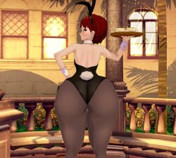 3d ass_focus big_ass blush bunny_ears bunny_tail bunnysuit danganronpa danganronpa_2:_goodbye_despair ebookie_meowda female female_only freckles green_eyes hand_on_hip holding_plate koikatsu koizumi_mahiru leggings looking_at_viewer looking_back outside red_hair waitress