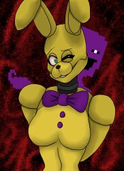 breasts breasts_out cute_face darkslagg2 five_nights_at_freddy's fnaf green_eyes purple_bowtie purple_guy_(fnaf) rabbit_ears rabbit_girl rabbit_humanoid scottgames shy spring_bonnie spring_bonnie_(fnaf) thin_female thin_waist william_afton yellow_body yellow_fur