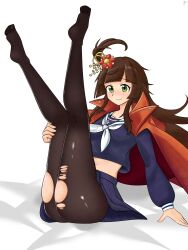 1girls blush brown_hair bulging_thighs fat_ass fat_thighs flower_in_hair green_eyes hi_res horny_female jacket kyosaka_nanaho legs_up long_hair medium_breasts midriff pantyhose reclining sailor_uniform sitting_on_bed skirt smile teenager the_battle_cats torn_clothes white_sheets