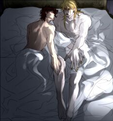 2boys black_hair blonde_hair dio_brando gay jojo's_bizarre_adventure jotaro_kujo male male/male male_only muscular_male nude_male questionable_anatomy stardust_crusaders yaoi