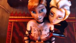 3d animated anna_(frozen) between_breasts body_writing disney disney_princess elsa_(frozen) frozen_(film) incest paizuri sisters titjob