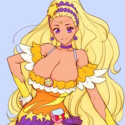 amamiya_elena big_breasts blonde_hair clothed clothing colored cure_soleil dark_skin dress gyaru huge_breasts large_breasts long_hair magaki_ryouta mole mole_under_eye precure pretty_cure purple_eyes smile smiling smiling_at_viewer star_twinkle_precure tanned tanned_female