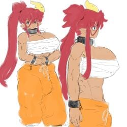 1futa asymmetrical_horns baggy_pants big_breasts breasts bulge choker clothed clothing dark-skinned_futanari dark_skin english_text futa_only futanari horn huge_breasts humanoid mochikirb mostly_clothed muscular_female orange_pants red_hair solo source_request standing tan_body wrappings