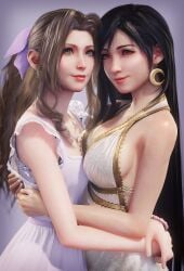 2girls 3d 3d_(artwork) aerith_gainsborough black_hair blender bracelet breasts brown_hair dress earrings female female_only final_fantasy final_fantasy_vii final_fantasy_vii_remake green_eyes hairbow highres hug large_breasts light-skinned_female long_black_hair nail_polish necklace red_eyes ria-neearts sfw sidelocks simple_background sleeveless sleeveless_dress small_breasts smile tifa_lockhart yuri