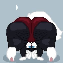 1:1 anthro ass backsack balls bent_over big_butt black_body black_fur blue_eyes boisterous_fox bottom_heavy capcom cellulite clothing digital_media_(artwork) dreadlocks eyebrows felid feline felyne fur genitals hair huge_butt jmari looking_at_viewer looking_back looking_back_at_viewer looking_through looking_through_legs lynian male mammal monster_hunter mouth_closed multicolored_body multicolored_fur overweight overweight_anthro overweight_male pawpads pink_pawpads pixel_(artwork) presenting presenting_hindquarters shaded shadow simple_background solo tail thick_thighs two_tone_body two_tone_fur underwear white_body white_fur wide_hips