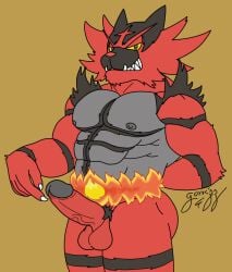 anthro casual_erection casual_nudity erection felid fur genitals gorrizz hi_res humanoid_genitalia humanoid_hands humanoid_penis incineroar male mammal muscular muscular_anthro muscular_male nintendo nipples nude penis pokemon pokemon_(species) red_body red_fur simple_background smile solo teeth