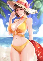 1girls atlus beach big_breasts bikini breasts brown_hair cleavage female female_only hat hourglass_figure huge_breasts large_breasts makoto_niijima megami_tensei persona persona_5 red_draws red_eyes short_hair solo thick_thighs white_skin wide_hips