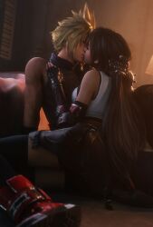 1boy 1girls 3d 3d_(artwork) arm_support bed bedroom black_hair blender blonde_hair closed_eyes cloud_strife couple earrings female final_fantasy final_fantasy_vii final_fantasy_vii_remake fingerless_gloves highres indoors kissing long_black_hair long_hair male night ria-neearts sitting sleeveless suspenders thighhighs tifa_lockhart