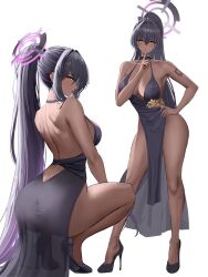 anime_girl ass backless_dress bare_shoulders bareback big_breasts blue_archive blusshing butt_crack choker cleaning_&_clearing_(blue_archive) cleavage dark-skinned_female dark_skin dress earring gown gradient_hair hands_on_hips heels hips hush_gesture kakudai_karin karin_(blue_archive) legs long_hair looking_at_viewer millennium_science_school_student no_bra nopan ponytail portrait portrait_display purple_dress purple_hair purple_heels rear_view see-through_clothing see-through_dress sideboob simple_background smitcuk squatting stiletto tattoo thighs two_tone_hair white_background yellow_eyes