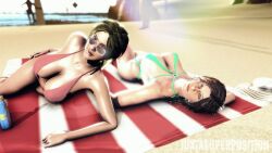 2girls 3d 3d_(artwork) beach beach_towel big_breasts bikini bikini_top daughter female female_only hat juxtasuperposition lara_croft lara_croft_(survivor) laying_on_back laying_on_bed looking_at_viewer looking_over_eyewear looking_over_glasses looking_over_sunglasses mother mother_and_daughter multiple_girls posing_for_the_viewer poster sfm source_filmmaker sunglasses sunlight swimsuit swimwear tinted_eyewear tomb_raider tomb_raider_(survivor) video_game_character