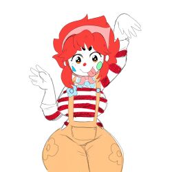 big_breasts clown clown_nose mochikirb red_hair striped_clothing thick_thighs thunder_thighs yellow_overalls