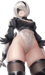 1girls android android_girl ass blindfold bob_cut breasts cameltoe female_only gloves huge_ass katana kuronerinka large_breasts leotard looking_at_viewer looking_down midriff mole mole_under_mouth navel nier nier:_automata short_hair solo sword thick_thighs thighhighs thighs upward_shot weapon white_hair wide_hips yorha_2b