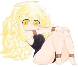 big_ass black_leotard blonde_hair bottom_heavy flat_chest mochikirb sitting twintails