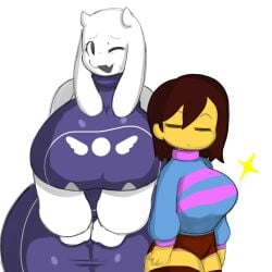 2girls big_breasts female_frisk frisk frisk_(mochikirb_style) furry huge_breasts mochikirb tagme thick_thighs thunder_thighs toriel toriel_(mochikirb_style) undertale undertale_(series) white_background