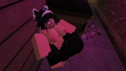 1boy 1girls 3d alley animated artist_request black_hair catgirl collar glasses gogo_rr34 green_eyes heart heart-shaped_pupils mask masked naked no_sound public roblox robloxian source_request street tagme video