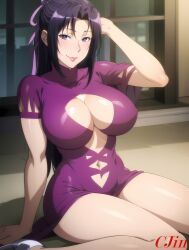 1girls ai_generated big_breasts breasts cjin clothing dress female female_only garter_belt kazehana large_breasts light-skinned_female light_skin lingerie lipstick nai_diffusion parted_lips partially_clothed sagging_breasts sekirei solo stable_diffusion