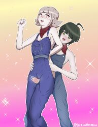 ahoge bandana blue_overalls cum danganronpa ejaculation ejaculation_between_thighs elliewhoanelly futa_on_female futanari green_eyes hand_in_clothing hand_on_hip naegi_komaru naked_overalls nanami_chiaki overalls pink_eyes thigh_sex