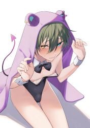 1boy 2023 blue_eye blush bow bulge bulge_in_leotard crossdressing demon_tail detached_collar embarrassed ensemble_stars! erect_nipples eyebrows_visible_through_hair eyelashes femboy girly green_hair heart_tail heterochromia leotard looking_at_viewer male male_only mika_kagehira nipples nipples_out nipples_outside omiyacha playboy_bunny simple_background solo tail thighs trap twink white_background white_wrist_cuffs wrist_cuffs yellow_eye