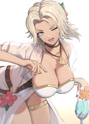 1girls ;d absurdres alternate_costume bare_thighs bikini blonde_hair blue_eyes breasts catherine_(fire_emblem) catherine_(summer)_(fire_emblem) cleavage commentary_request crest_(fe3h) dark-skinned_female dark_skin drink female female_only fire_emblem fire_emblem:_three_houses fire_emblem_heroes flower gonzarez hair_flower hair_ornament highres large_breasts leaning_forward nintendo official_alternate_costume one_eye_closed open_clothes open_mouth ponytail see-through smile solo swimsuit thighs white_bikini white_swimsuit wink