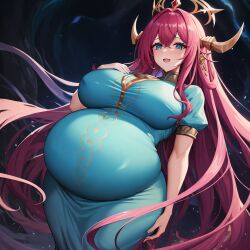 ai_generated big_belly blue_clothes blue_clothing blue_eyes chaos_(warhammer) cult cultist gold gold_(metal) gold_jewelry heavily_pregnant jewelry pink_hair pregnant tzeentch unstable_diffusion warhammer_(franchise) warhammer_fantasy