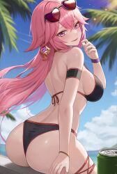 1girls ass beach bikini breasts bubble_butt female female_focus female_only fox fox_ears fox_girl genshin_impact large_ass large_breasts light-skinned_female light_skin looking_at_viewer pale-skinned_female pale_skin pink_hair purple_eyes sky smile solo sunglasses sunglasses_on_head sunrays yae_miko