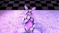 1female 1male animatronic female_fox five_nights_at_freddy's fnaf fox hand_covering_mouth hand_covering_pussy human_on_anthro human_on_robot looking_down mangle_(fnaf) missionary_position pink_breasts red_nipples shocked shocked_expression shocked_eyes table_sex white_body