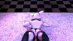 1female 1male animatronic doggy_style female_fox five_nights_at_freddy's fnaf fox hands_on_ass human_on_anthro human_on_robot laying_on_stomach mangle_(fnaf) pink_breasts red_nipples table_sex white_body