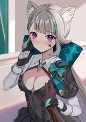 1boy 1girls aether_(genshin_impact) black_dress blush breast_grab cat_ears catgirl cleavage dress genshin_impact gloves grey_hair groping harimoji looking_at_viewer lynette_(genshin_impact) medium_breasts pov pov_eye_contact pov_hands purple_eyes