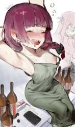 1girls 2girls accidental_exposure alcohol armpits blush bocchi_the_rock! breast_outside bush closed_eyes cute dress drunk ennhentai exposed_breasts female female_focus female_only gotou_hitori hands_behind_head happy hiroi_kikuri medium_breasts multiple_girls nipple_slip no_bra open_mouth piercing red_hair sharp_teeth small_breasts smile stretching sweat tight_clothing wine