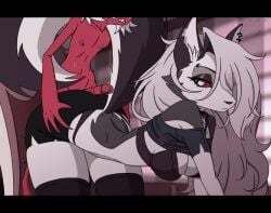 animated animation anthro assjob assjob_through_clothes bare_shoulders bouncing_breasts clothed clothed_sex furry gif hellhound helluva_boss jiggle kyde loona_(helluva_boss) male/female moxxie_(helluva_boss) see-through straight tagme uninterested