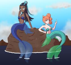 2_mermaids 2girls breasts female female_only looking_at_viewer mermaid mermaid_girl mermaid_only mermaids mythkaz nessa_(pokemon) nintendo png pokemon pokemon_ss seashell_bikini seashell_pasties shell sitting smile sonia_(pokemon) water