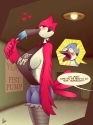 2023 anthro avian big_breasts blush cartoon_network dakota018 indoors male/female margaret_smith_(regular_show) mordecai_(regular_show) popsicle popsicle_in_mouth regular_show tagme text