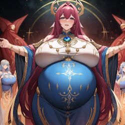 3girls ai_generated blue_clothes blue_clothing chaos_(warhammer) cult cultist gold gold_(metal) gold_jewelry heavily_pregnant jewelry multiple_girls pink_hair pregnant tzeentch unstable_diffusion warhammer_(franchise) warhammer_fantasy