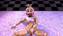 1female 1male 3d 4_fingers animatronic avian bib breasts chicken five_nights_at_freddy's fnaf hand_covering_pussy human_on_anthro human_on_robot missionary_position pink_nipples rosy_cheeks sfm shiny_body shocked shocked_expression shocked_eyes source_filmmaker surprised table_sex toy_chica_(fnaf) yellow_body yellow_breasts yellow_hair