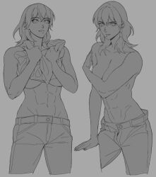 1girls abs bare_midriff breasts byleth_(fire_emblem) byleth_(fire_emblem)_(female) covering covering_breasts female female_only fire_emblem fire_emblem:_three_houses greyscale large_breasts looking_at_viewer medium_hair midriff monochrome nintendo pants radiostarkiller solo topless towel towel_around_neck