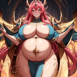 ai_generated blue_clothes blue_clothing chaos_(warhammer) cult cultist gold gold_(metal) gold_jewelry heavily_pregnant jewelry pink_hair pregnant tzeentch unstable_diffusion warhammer_(franchise) warhammer_fantasy