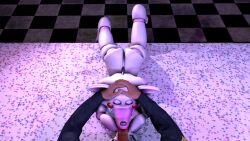 1female 1male animatronic blowjob closed_eyes eyes_closed female_fox five_nights_at_freddy's fnaf fox hands_on_head human_on_anthro human_on_robot laying_on_stomach mangle_(fnaf) pink_breasts playful red_lips red_lipstick red_nipples snout table_sex white_body